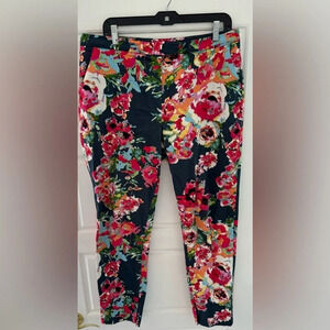 Adrianna Papell black floral ankle cotton dress pants US14 pockets stretch crop